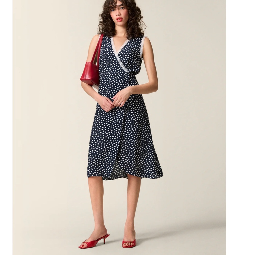 NWT Rouje for J Crew Rencard Navy White Polka Dot Lace Midi Wrap Dress 8